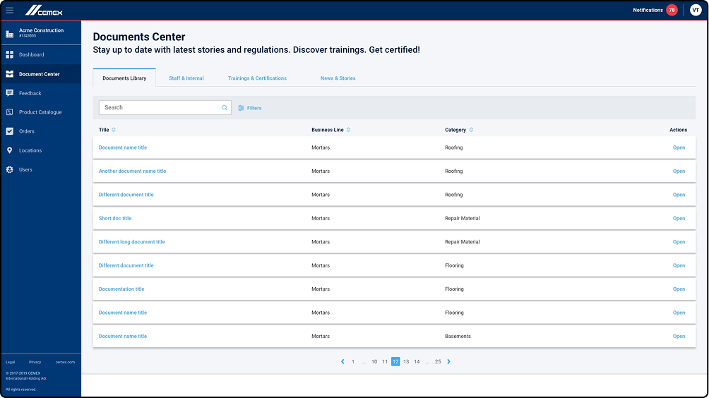 Document Library - Document Listing per Business Line and Category