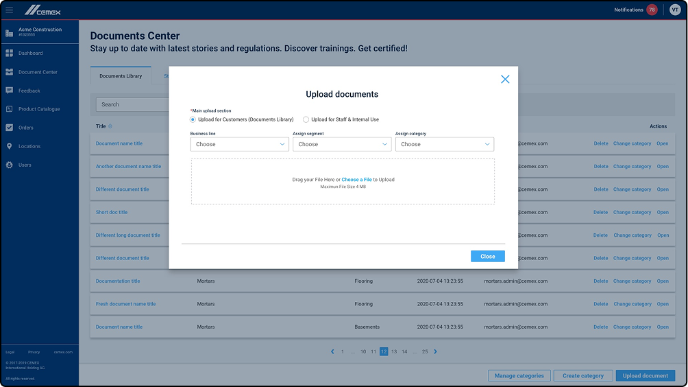 Uploading Documents Dialogue Screen
